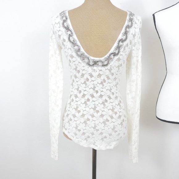 Free People White Lace Long Sleeve Bronze Beaded Silver Sequin SZ XS Top Blouse - Picture 5 of 7